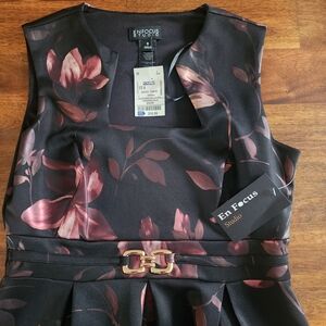 Enfocus Studio Black Dress with Pink Rose Print and Gold Accent